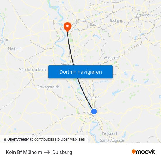 Köln Bf Mülheim to Duisburg map