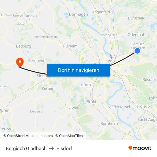 Bergisch Gladbach to Elsdorf map