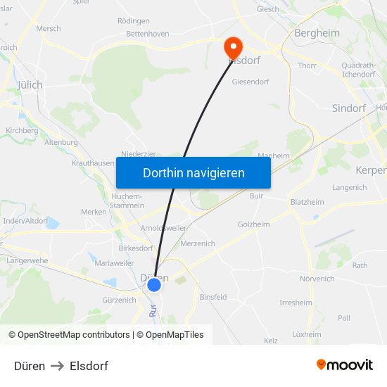 Düren to Elsdorf map