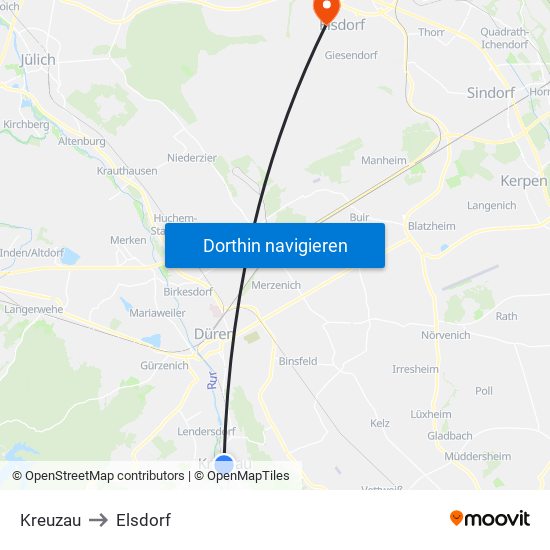 Kreuzau to Elsdorf map