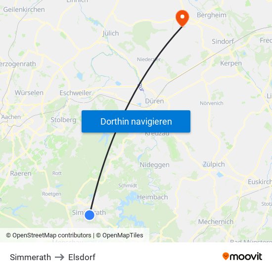 Simmerath to Elsdorf map