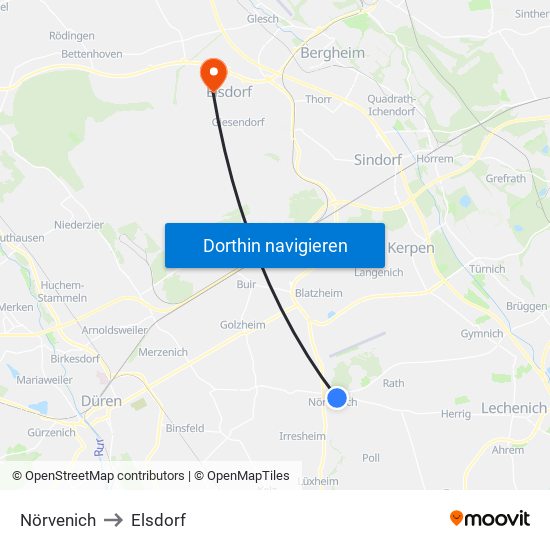 Nörvenich to Elsdorf map
