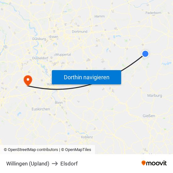 Willingen (Upland) to Elsdorf map