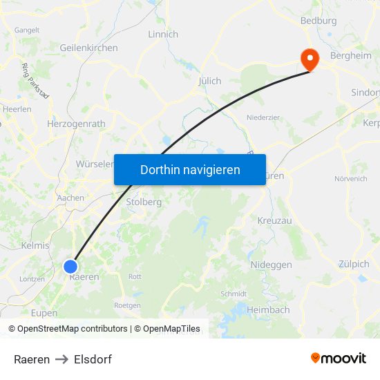 Raeren to Elsdorf map