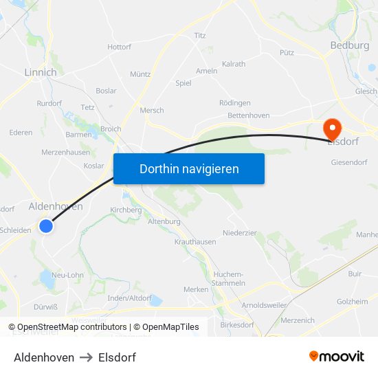 Aldenhoven to Elsdorf map