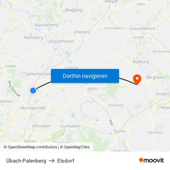 Übach-Palenberg to Elsdorf map