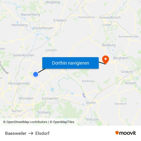 Baesweiler to Elsdorf map