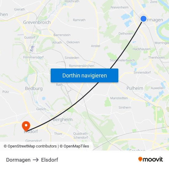 Dormagen to Elsdorf map