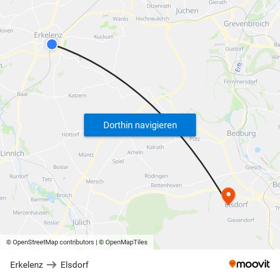 Erkelenz to Elsdorf map