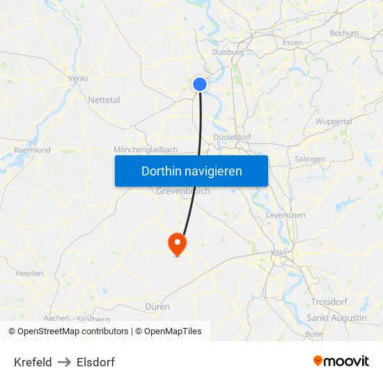 Krefeld to Elsdorf map