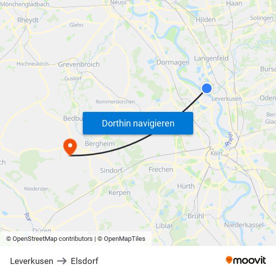 Leverkusen to Elsdorf map