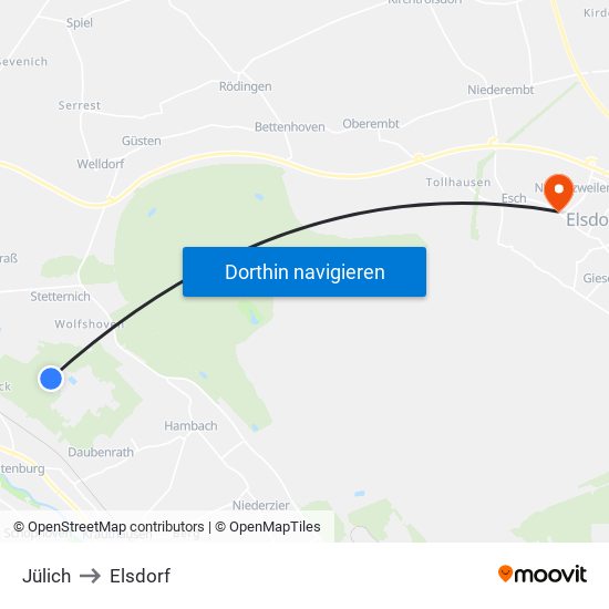 Jülich to Elsdorf map