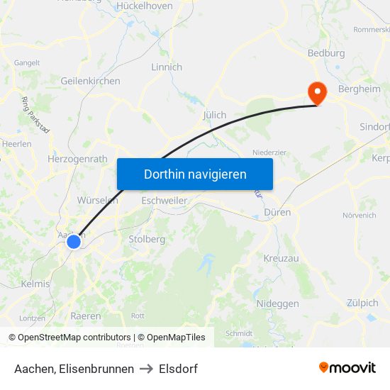 Aachen, Elisenbrunnen to Elsdorf map