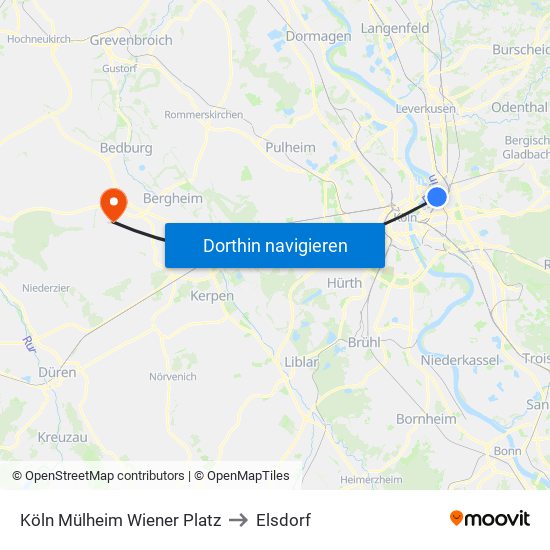 Köln Mülheim Wiener Platz to Elsdorf map