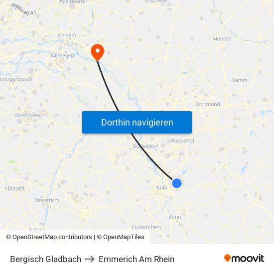 Bergisch Gladbach to Emmerich Am Rhein map