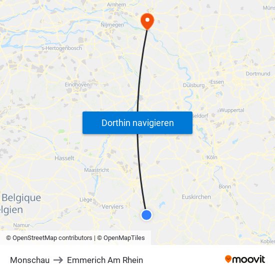 Monschau to Emmerich Am Rhein map