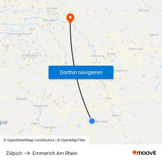 Zülpich to Emmerich Am Rhein map