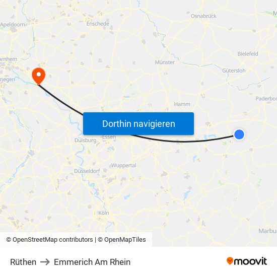 Rüthen to Emmerich Am Rhein map