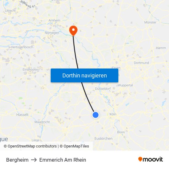 Bergheim to Emmerich Am Rhein map