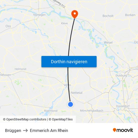 Brüggen to Emmerich Am Rhein map