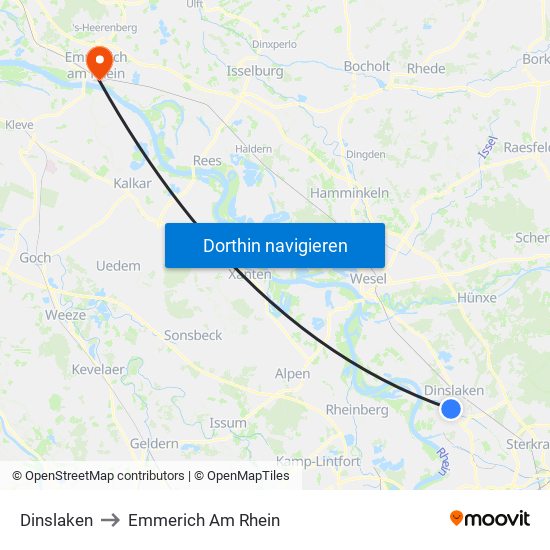 Dinslaken to Emmerich Am Rhein map