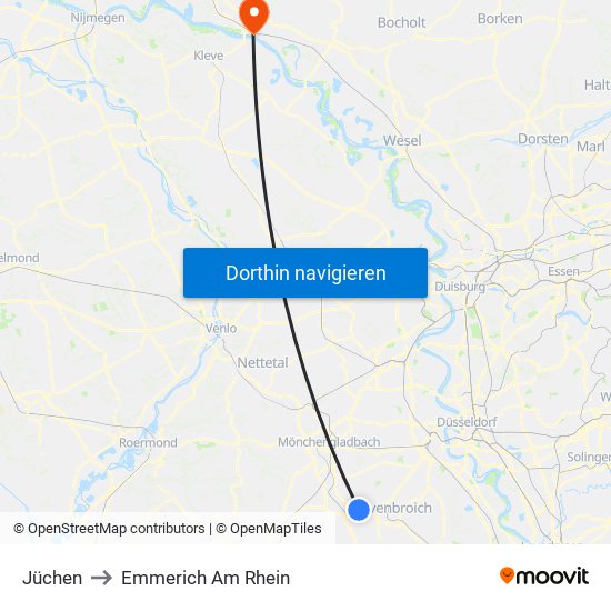 Jüchen to Emmerich Am Rhein map