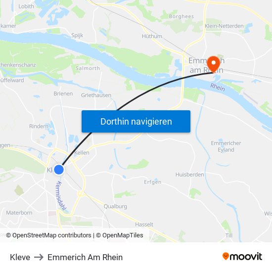 Kleve to Emmerich Am Rhein map