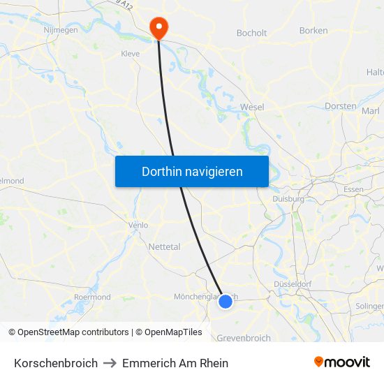 Korschenbroich to Emmerich Am Rhein map