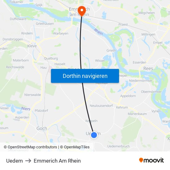 Uedem to Emmerich Am Rhein map