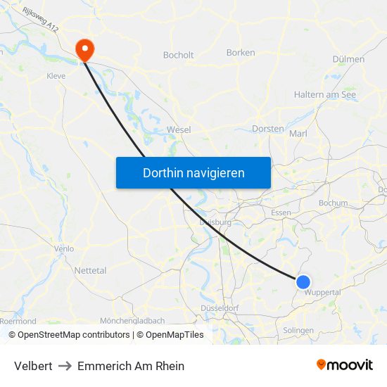 Velbert to Emmerich Am Rhein map