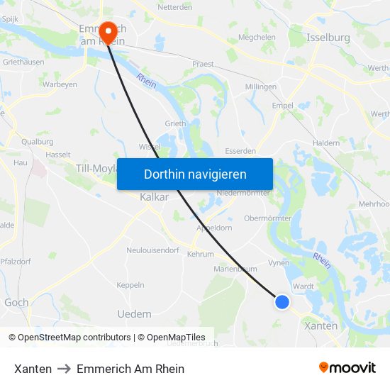 Xanten to Emmerich Am Rhein map