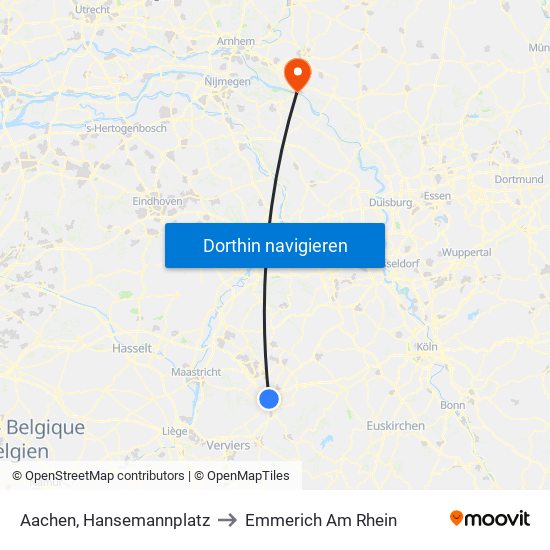 Aachen, Hansemannplatz to Emmerich Am Rhein map