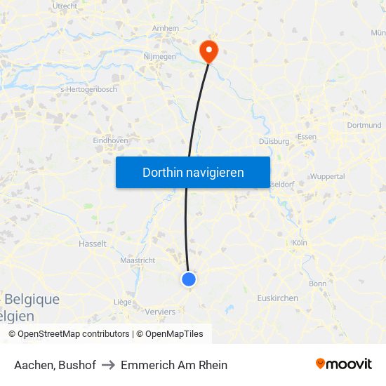 Aachen, Bushof to Emmerich Am Rhein map