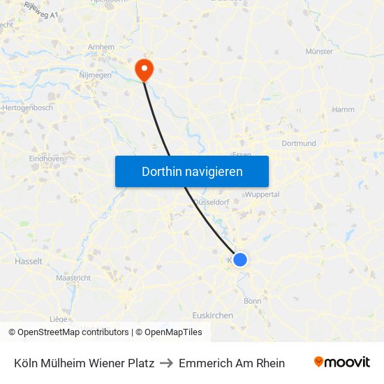 Köln Mülheim Wiener Platz to Emmerich Am Rhein map