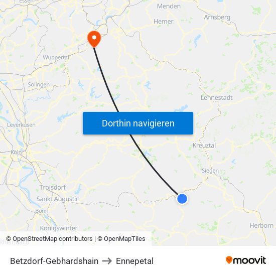 Betzdorf-Gebhardshain to Ennepetal map