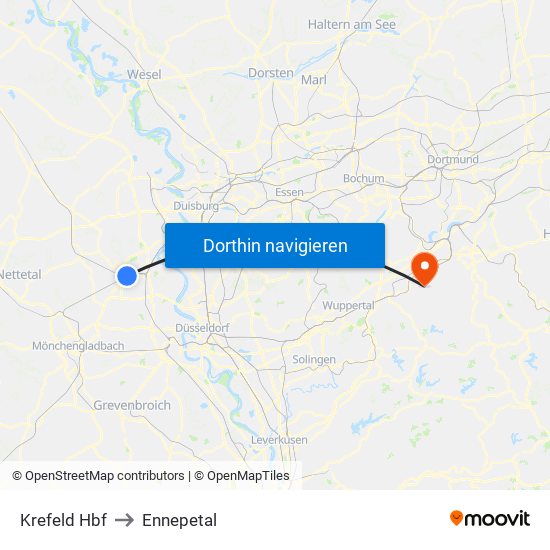 Krefeld Hbf to Ennepetal map