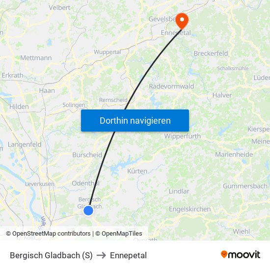 Bergisch Gladbach (S) to Ennepetal map