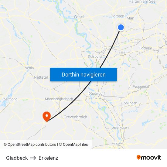 Gladbeck to Erkelenz map