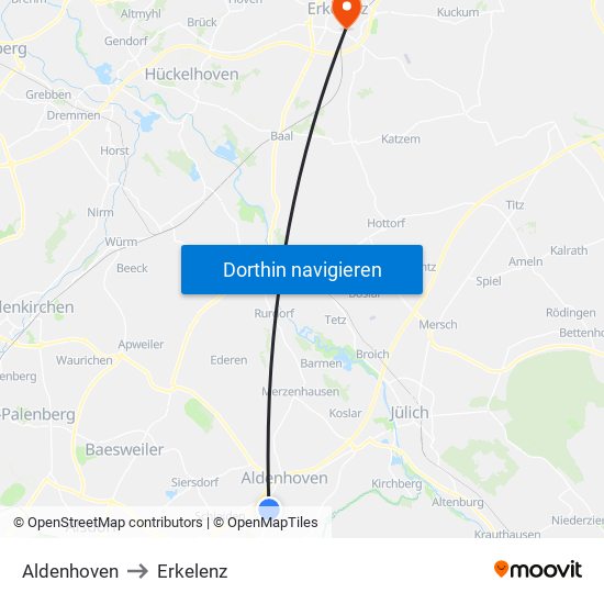 Aldenhoven to Erkelenz map