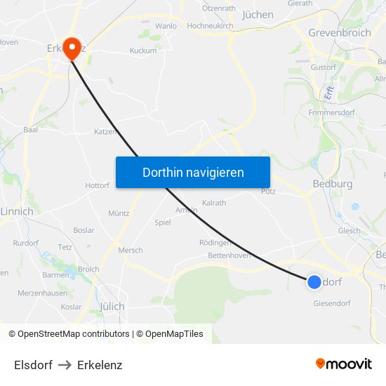 Elsdorf to Erkelenz map