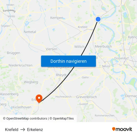 Krefeld to Erkelenz map