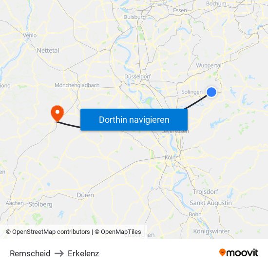 Remscheid to Erkelenz map