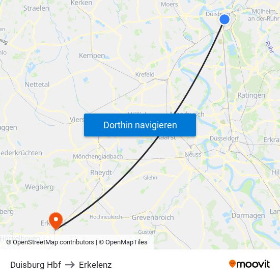 Duisburg Hbf to Erkelenz map