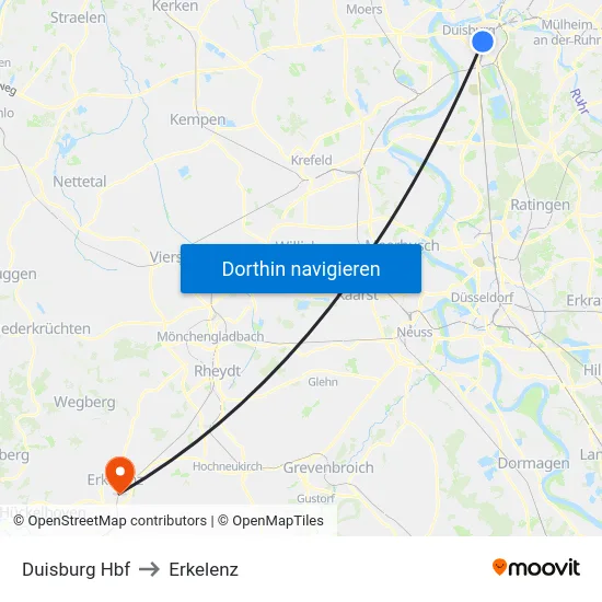 Duisburg Hbf to Erkelenz map