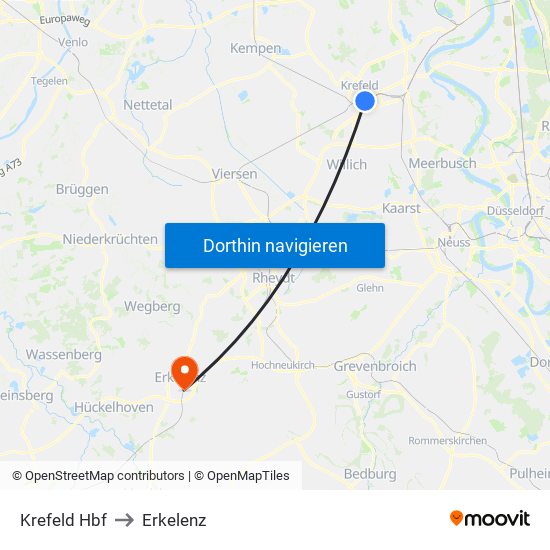 Krefeld Hbf to Erkelenz map