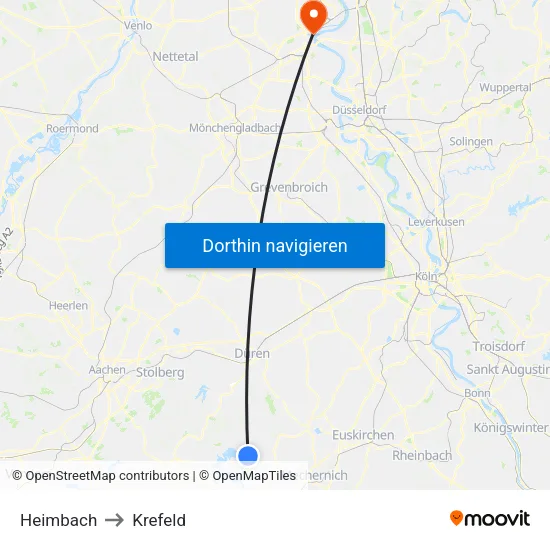 Heimbach to Krefeld map