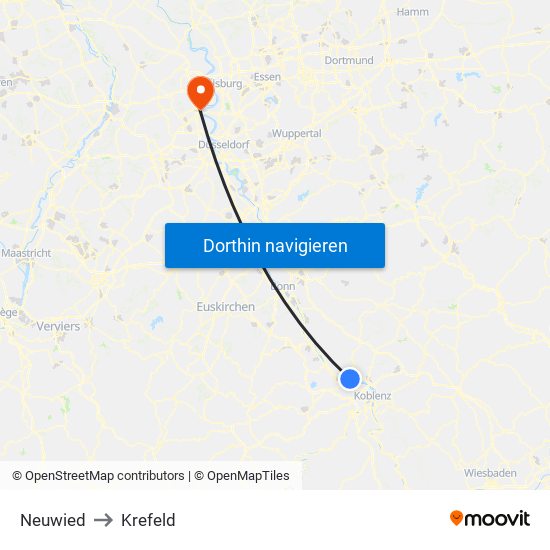 Neuwied to Krefeld map