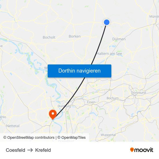 Coesfeld to Krefeld map