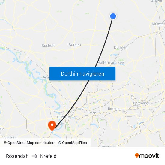 Rosendahl to Krefeld map