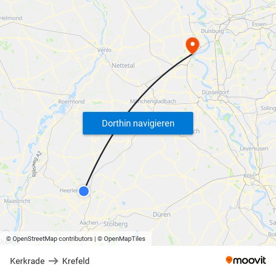 Kerkrade to Krefeld map